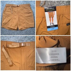 Eddie Bauer Ripstop Tech Shorts Men Large Tan Wicking Adjustable Belt UPF 50 NEW